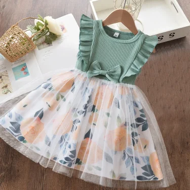 Summer Baby Girl's Dress 2024 New Flying Sleeves Dress Toddler Mesh Bow Flower Princess Holiday Dress Children's Clothes 1-5Year 2