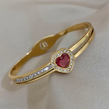 Greatera Romantic Red Heart Rhinestone Charm Stainless Steel Bangles Bracelets for Women Gold Plated Waterproof Jewelry Gift 4