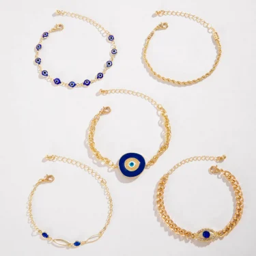 Tocona 5pcs/set Vintage Versatile Blue Rhinestone Bracelets for Women Faswhion Blue Eye Beaded Alloy Bangles Jewelry 25977 6