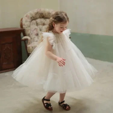 Girls Casual Dresses Manual Splicing Fluffy Yarn Princess Summer New Childrens Clothing Soild Round Collar Lace Sweet 1