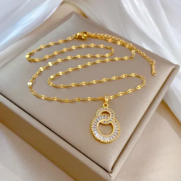 ZAKOL Classic Gold Color Stainless Steel Necklace For Women Shiny Zircon Geometric Heart Pendant Necklaces Jewelry Gift 3