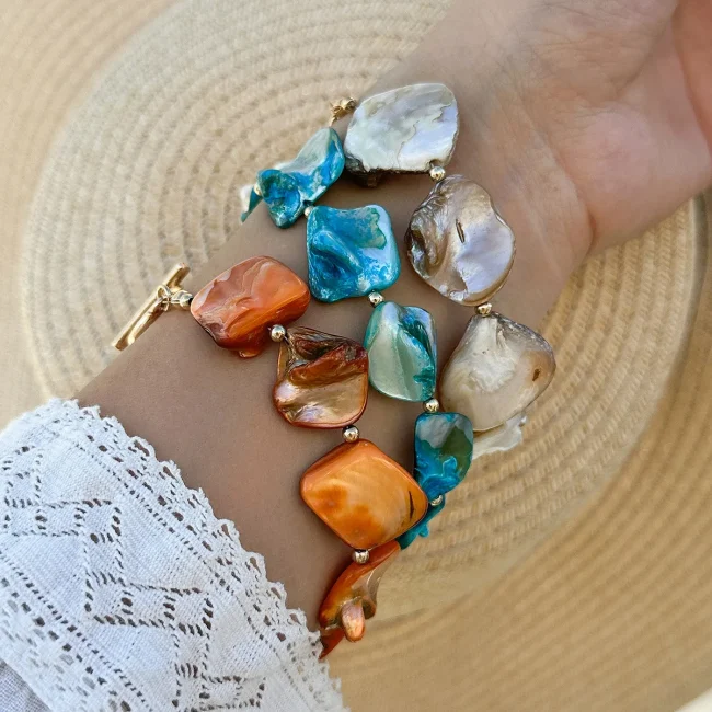 Boho Gold Color Metal Scallop Pendant Bracelet 2024 Women's Simple Color Stone Bead Bead Bead Girlfriend Fashion Beach Jewelry 3