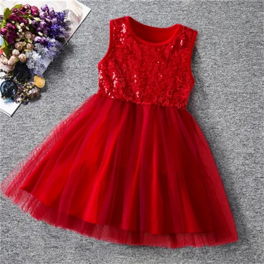 Girls Sequins Mesh Dress 2-6 Yrs Toddler Sleeveless Dresses Elegant Girl Birthday Party Princess Dress Cute Baby Summer Clothes 2