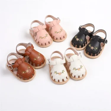 Newborn Infant Baby Girl PU Leather Embroidery Flower Sandals Summer Soft Sole Flat Princess Shoes Infant Non-Slip First Walkers 1