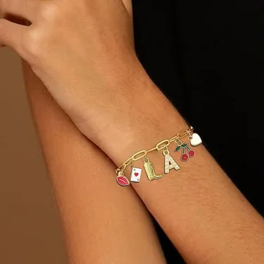 Enamel Red Lips Cherry Boot Letter Charm Bracelet Gold Plated Stainless Steel Chain Bracelets For Women Girls Cowgirl Jewelry 2