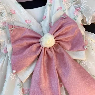 2 3 4 5 6 8 Years Girls Princess Dress Summer New Full Print Flowers Puff Sleeve Bow Mesh DresseTutu Birthday Party Gown 4