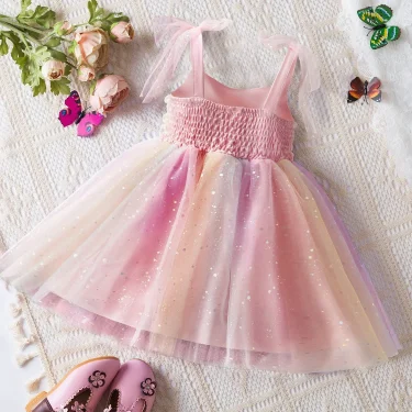 Toddler Baby Girl Dress Sleeveless Sequin Tulle Tutu Dress Vestidos 1-5Y Kids Rainbow Mesh Birthday Party Princess Wedding Dress 2