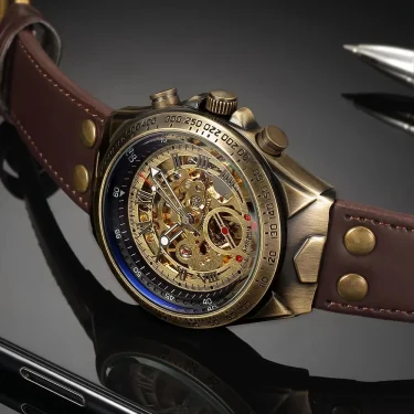 Bronze Retro Skeleton Automatic Mechanical Watch for Men Luminous Hand Brown Genuine Leather Belt Luxury Brand Steampunk Watches 2