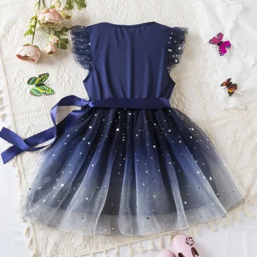 Summer Dress for Girls Sequin Eleagnt Solid Tulle Baby Clothes 2 4 6 Yrs Birthday Party Kid's Dresses 2024 New in Dress for Baby 4