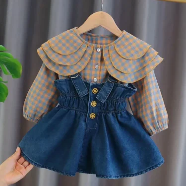 Toddler Kids Baby Girls Plaid Blouse Sling Denim Dress Spring Long Sleeve Tops Infant Girls Dress for Children Clothes Sets 2025 1