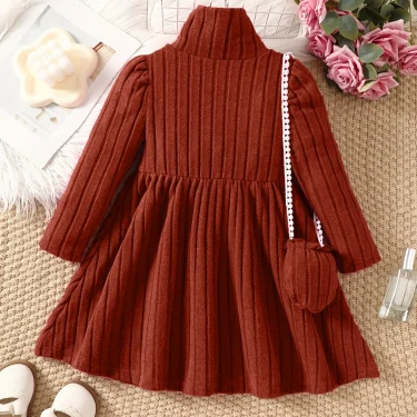 Girls' dress with soft texture fabric, high neck dress, small bag accessories, long sleeved dress, worn by 4-7 years old 5