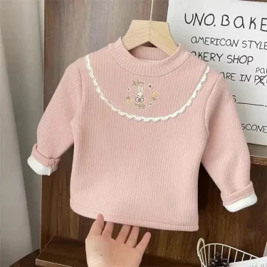 1pcs Children's T-Shirts Cartoon Embroidery Velvet warm top Kids Half High Collar Long Sleeve Base Shirt Girls Tshirts Clothes 3