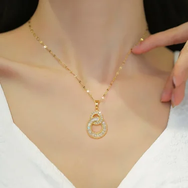 ZAKOL Classic Gold Color Stainless Steel Necklace For Women Shiny Zircon Geometric Heart Pendant Necklaces Jewelry Gift 2