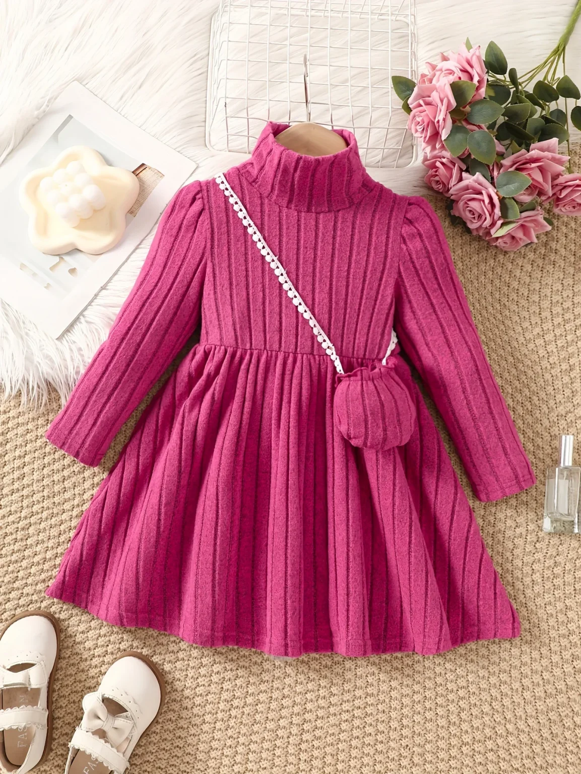 Girls' dress with soft texture fabric, high neck dress, small bag accessories, long sleeved dress, worn by 4-7 years old 1