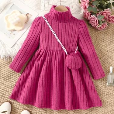 Girls' dress with soft texture fabric, high neck dress, small bag accessories, long sleeved dress, worn by 4-7 years old 1
