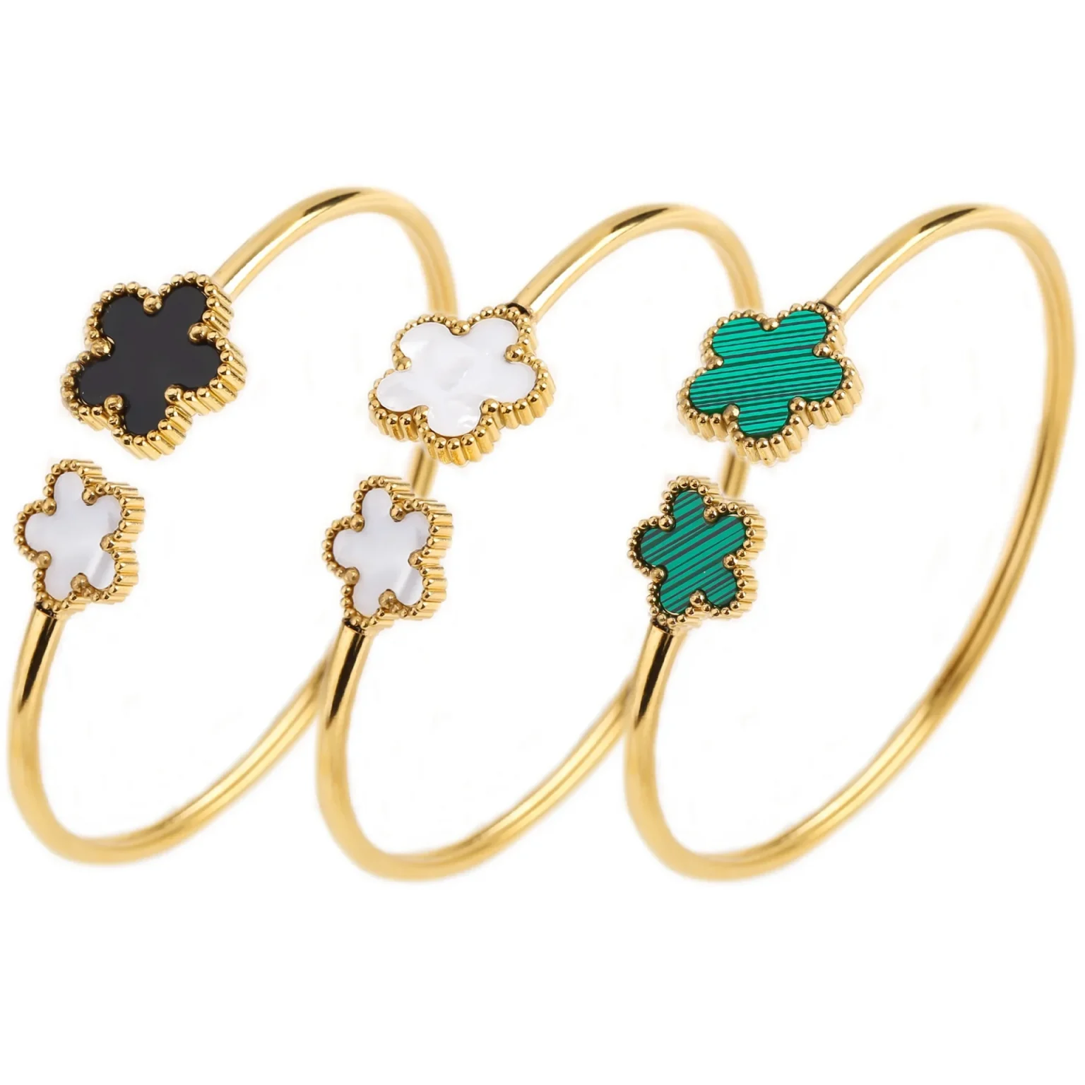 Gold-Plated Stainless Steel Five-Leaf Flower Open Bangle Luxury For Woman Girl Party Lucky Jewelry Accessories Daily Wear Clover 1