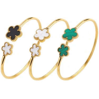 Gold-Plated Stainless Steel Five-Leaf Flower Open Bangle Luxury For Woman Girl Party Lucky Jewelry Accessories Daily Wear Clover 1