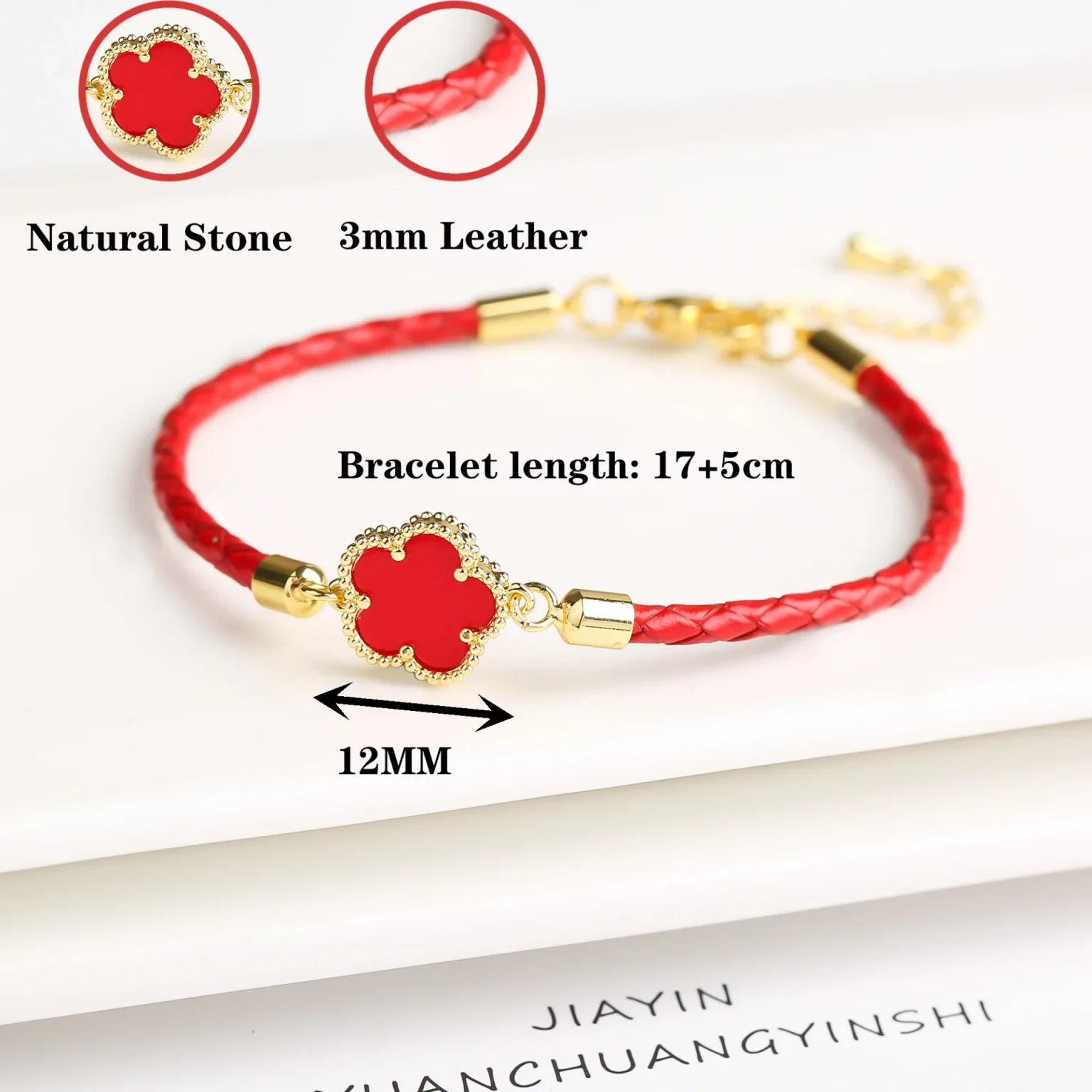 Classic Genuine Leather Woven Natural Stone Five Leaf Flower Charm Bracelet Fashion for Women Girls Party Wedding Jewelry Gift 5