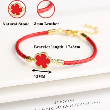 Classic Genuine Leather Woven Natural Stone Five Leaf Flower Charm Bracelet Fashion for Women Girls Party Wedding Jewelry Gift 5