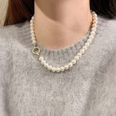 French Elegant Micro Set Zircon Round Buckle Imitation Pearl Beaded Necklace For Women's Temperament Jewelry Sweet Accessories 2