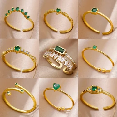 Stainless Steel Green Zircon Rings for Women Gold Color Opening Adjustable Anillos Fashion Geometry Ring Jewelry Party Gift New 1
