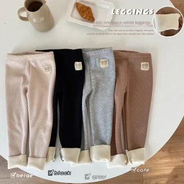 Korean Autumn Winter Children's Fleece-lined One-piece Pants Warm Baby Cartoon Elastic Ankle Length Trousers for Boys Girls 3