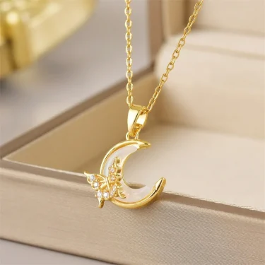Exquisite Micro Inlaid Zircon Butterfly Tassel Necklace For Women Stainless Steel Moon Butterfly Flower Clavicle Choker Jewelry 4