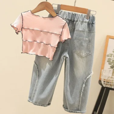 Summer New Girls Clothing Set Cartoon T-shirt+Star Pattern Wide Leg Jeans 2Pcs Suit For 3-8 Years Kids Fashion Suit 2