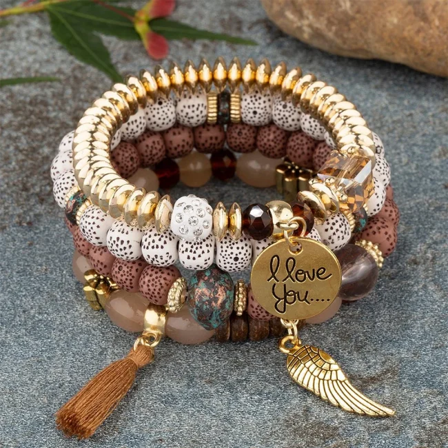 DIEZI Multicolor Acrylic Crystal Beads Strand Bracelets For Women Girls Men Tassel Wing Elastic Rope Bracelet Pulseira Feminina 3
