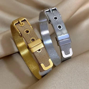 AENSOA Classic Belt Shape Stainless Steel Bracelets for Women Men Statement Gold Plated Metal Bangle Unisex Wristband Jewelry 3