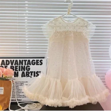 New Girls Princess Dress Casual Spring Summer Children's Wear Korean Pearl Neck Princess Dress Fashion Yarn Dress 2