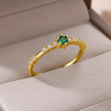 Stainless Steel Green Zircon Rings for Women Gold Color Opening Adjustable Anillos Fashion Geometry Ring Jewelry Party Gift New 6