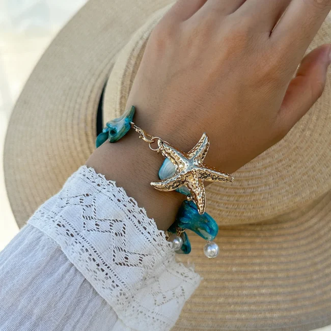 Boho Shell Sea Star Imitation Pearl Pendant Bracelet 2024 Women's Simple Creative Blue Handmade Weaving Girls Beach Jewelry 3