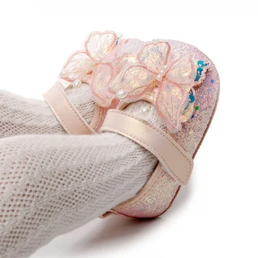 Princess Baby Girl Dress Shoes Soft Sole Rubber Anti-slip First Walker Shiny 3D Butterfly Mary Jane Flats Non-Slip Crib Shoes 6
