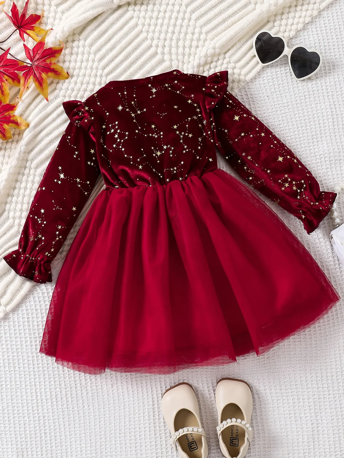 Toddler Girl Party Dress Autumn Winter 1-8 Years Children Christmas And New Year Princess Dress Red Velvet Gown Stars Mesh Dress 2