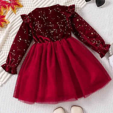 Toddler Girl Party Dress Autumn Winter 1-8 Years Children Christmas And New Year Princess Dress Red Velvet Gown Stars Mesh Dress 2
