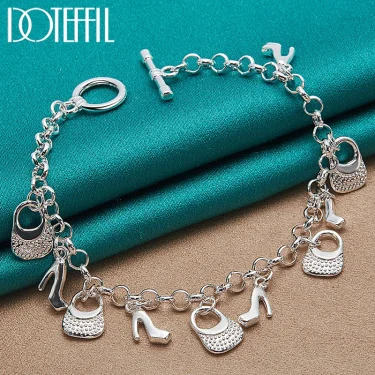 DOTEFFIL 925 Sterling Silver High Heels Bag Pendant Bracelets Chain For Women Charm Wedding Engagement Jewelry 1