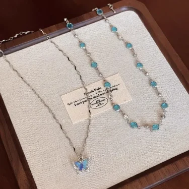 LATS Romantic Blue Crystal Butterfly Necklace for Women Girls Simple Shiny Zircon Bilayer Choker Clavicle Chain New Fine Jewelry 2