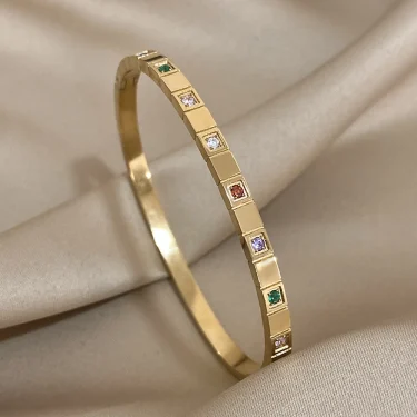 New Inlaid Square Small Colored Zircon Stainless Steel Bangle Bracelet for Women Luxury Gold Plated Cubic Zirconia Bracelets 3