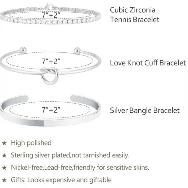 3pcs Stainless Steel Stack Cuff Bracelets for Women 14K Silver Plated Adjustable Jewelry Gifts Luxury CZ Chain Love Knot Bangles 3