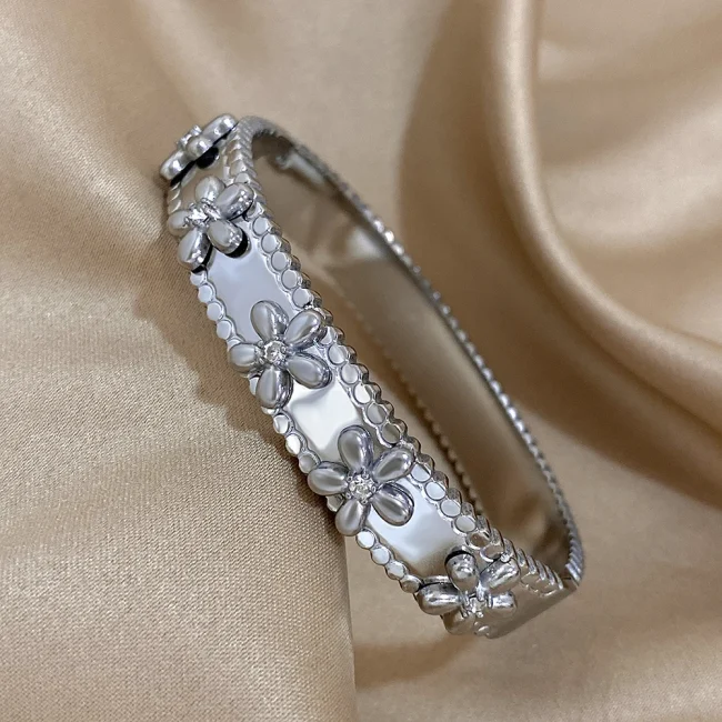Stainless Steel Bubble Flower Bracelet with Rhinestones for Women Cuff Bangles Waterproof Stackable Party Jewelry Accessories 5