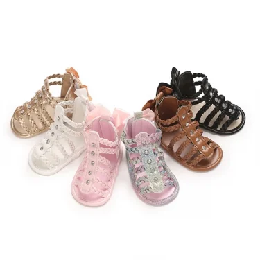 Baby Girl Sandals, PU Leather Braided Non-slip Bowknot Summer Flats Toddler Shoes for Casual Daily 1