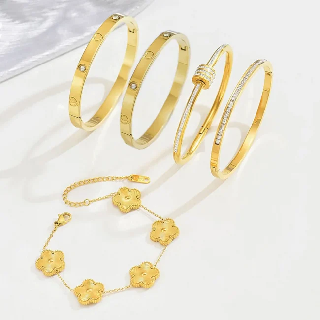 Stainless Steel Clover Lucky Bracelet Fashion Women Girls Titanium Steel Gold Plated Waterproof Sparkling Zircon Bracelet Bangle 2