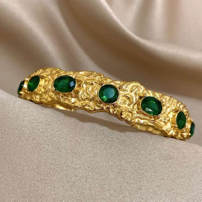 Vintage Green Zircon Stainless Steel Cuff Bracelet Chunky Geometric Textured Gold Plated Waterproof Open Bangles Jewelry Gifts 6