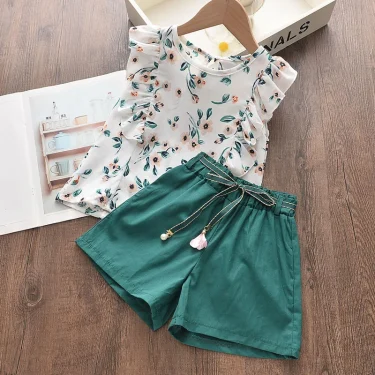 Bear Leader Kids Girl Clothes Fashion Sling Flower Bow Baby Girls Shirt + Stripe Shorts 2pcs Suit Children Clothing Sets 2