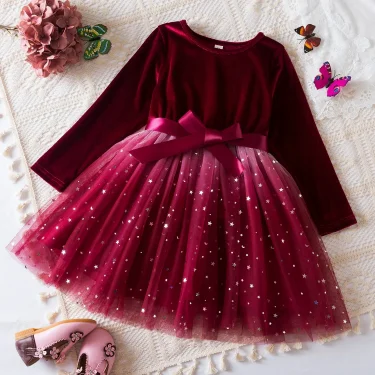 Sequins Princess Dress for Girls Autumn Winter Long Sleeve Bow Velvet Dress Baby Girl Warm Mesh Christmas Birtday Party Costumes 2