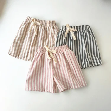 Children's Clothing Linen Cotton Shorts Summer Girls Boys Stripe Pants Kids Baby Casual Vintage Loose Short Pant Girl Clothes 3