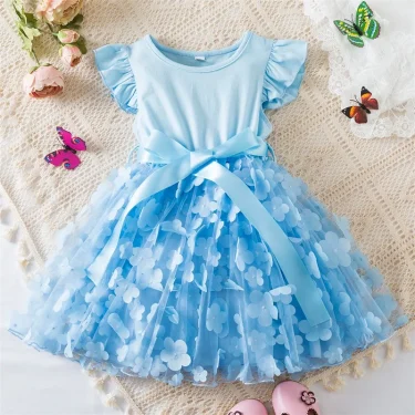 New Summer Dress for Baby Girls 2-6 Years 3D Butterfly Fly Sleeves Kids Birthday Princess Dress Elegant Wedding Party Dress 3