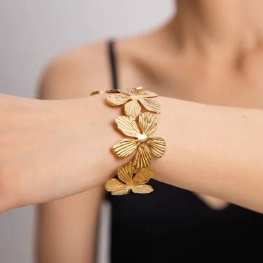 CARLIDANA Exaggerated Big Flower Personalized Hollow Out Leaf Open Wide Bangle Stainless Steel Non Tarnish Cuff Bracelet Women 6