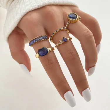 New Fashion Trend Unique Design Light Luxury Retro Blue Crystal Ring 5 Pieces Ring Female Jewelry Party Premium Gift Wholesale 1